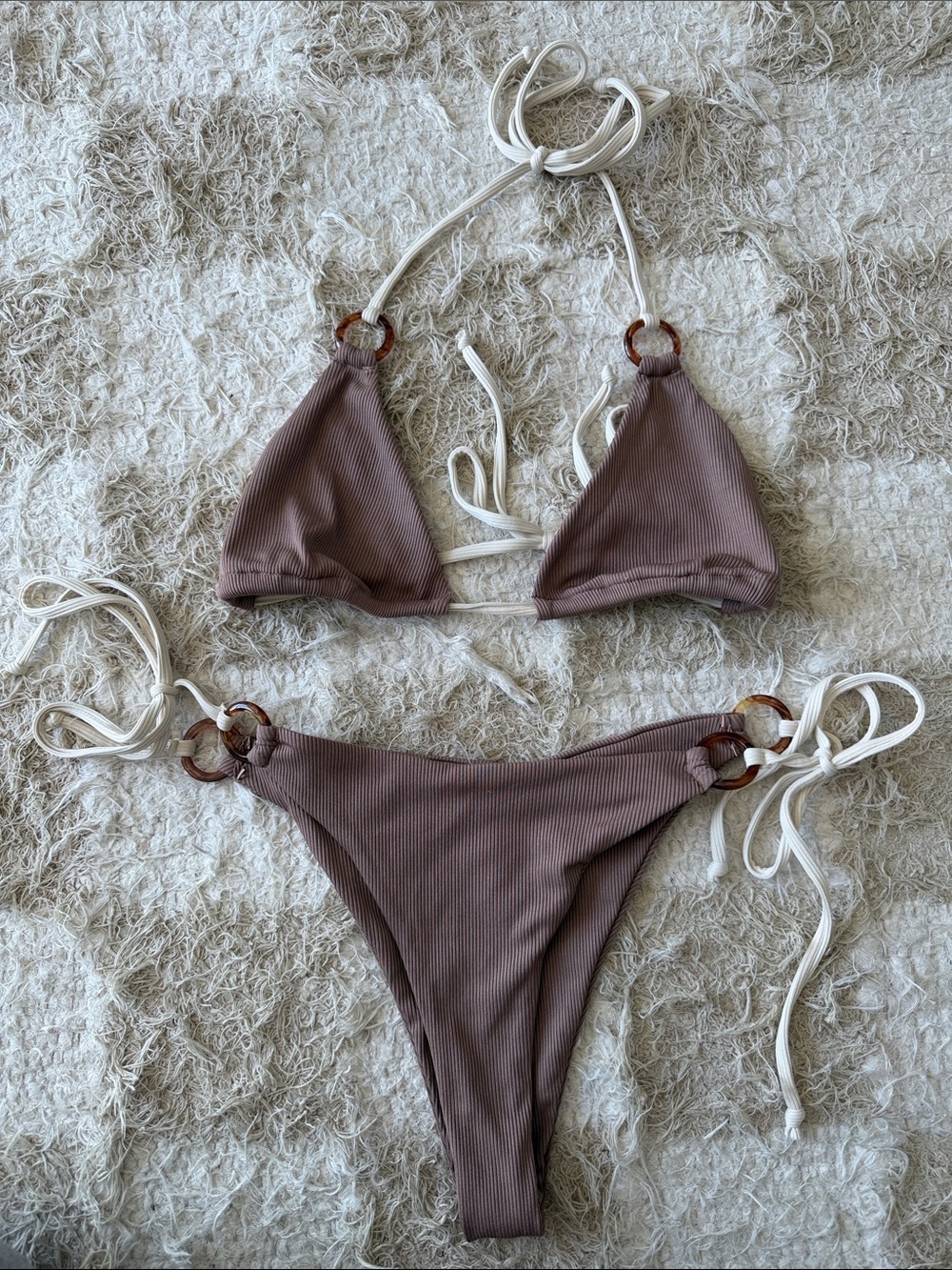 Women’s Taupe Ribbed Triangle Bikini with Contrast Ties